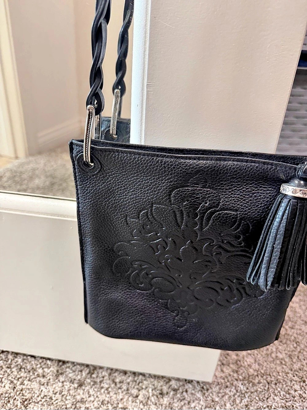 Brighton Black Embossed Leather Tassel Crossbody